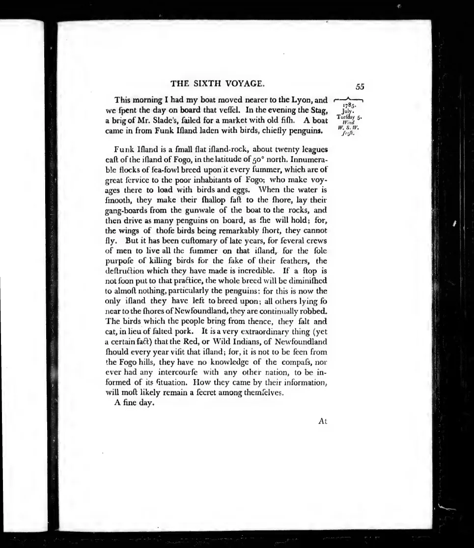 Page 55 of Cartwright's 1792 journal describing Funk Island and its penguins