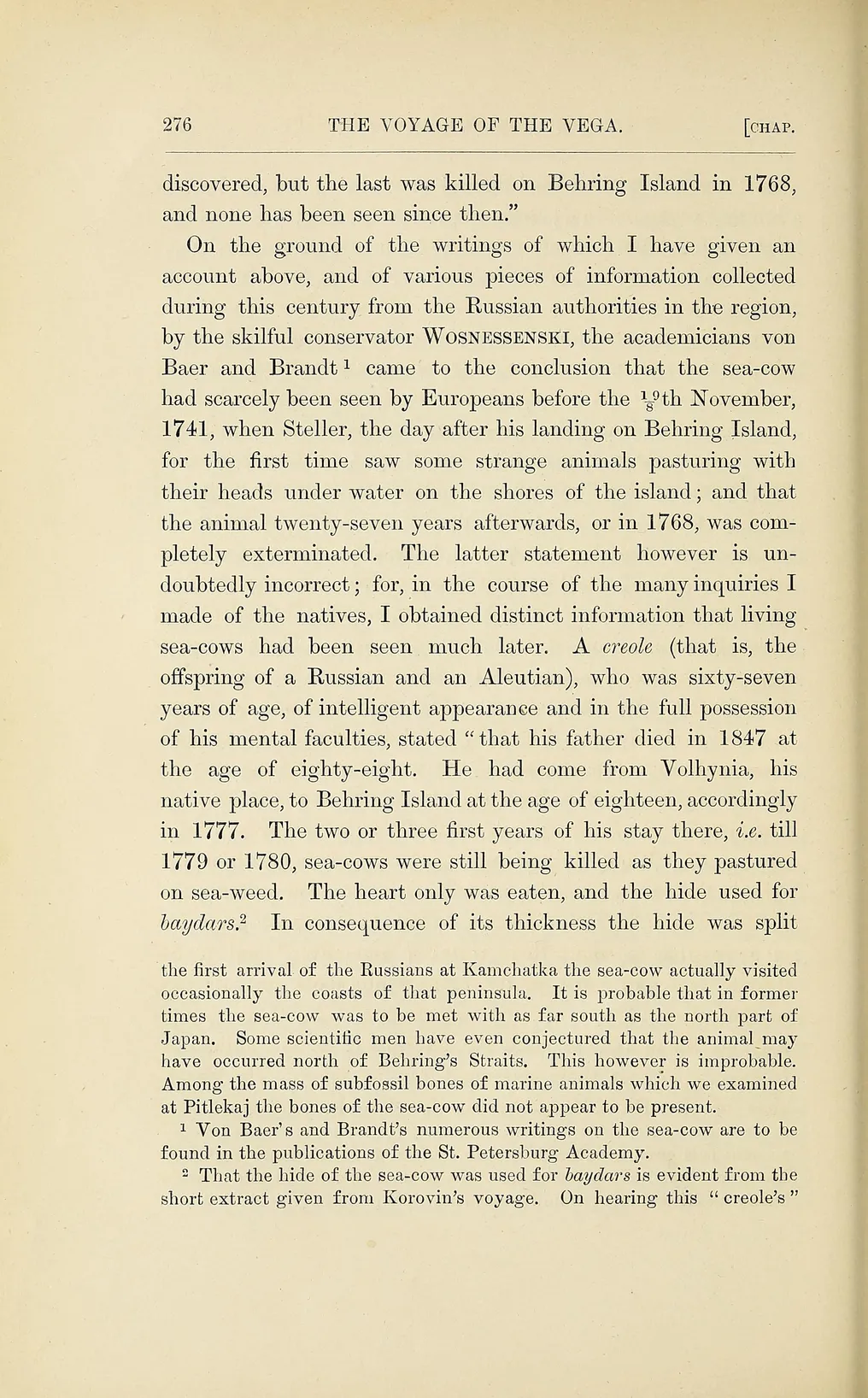 Page 276 of The Voyage of the Vega, volume II, on later sea cow reports