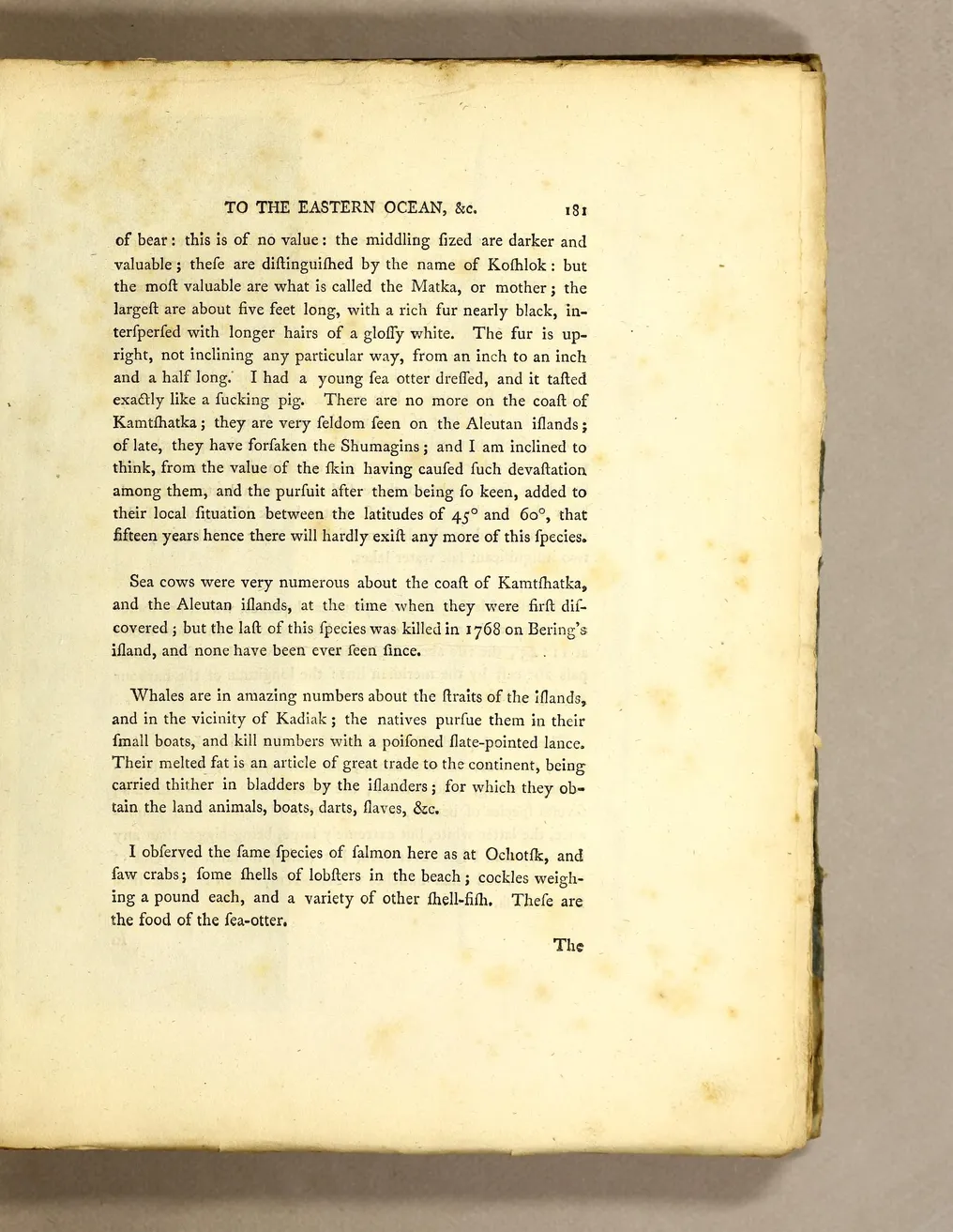 Page 181 of Sauer’s 1802 account, reporting the last sea cow killed in 1768